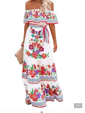 Off-Shoulder White Maxi Dress with Bright Floral Embroidery